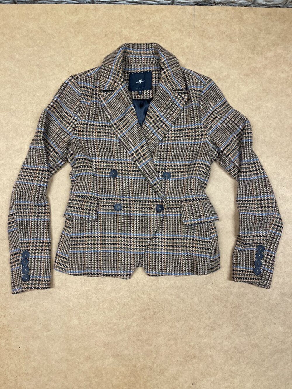 7 For All Mankind Wool Blend Plaid Double-Breasted Jacket Blazer Size XS EUC
